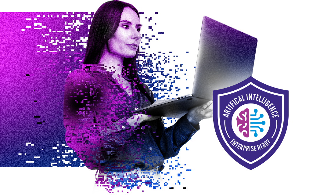 Woman holding a laptop with a badge that reads "Artificial Intelligence Enterprise Ready".